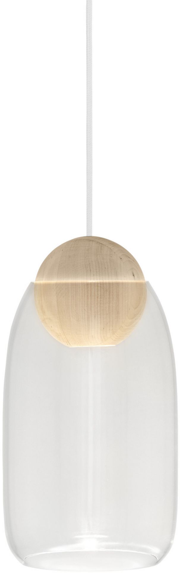 Liuku Glas Pendelleuchte mit transparentem Schirm und Holzkugel, moderne Hängelampe für Wohnzimmer und Essbereich.